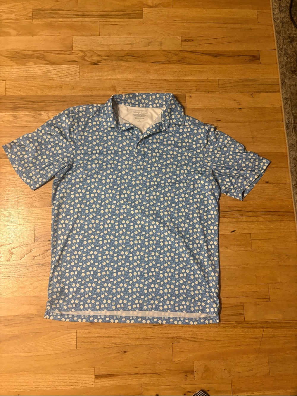 NWOT STRAIGHT-DOWN Men's Sky Blue Drink-Print Short Sleeve Polo